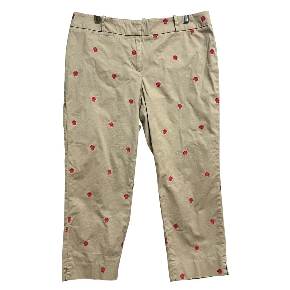 Talbots Cropped Pants‎ Womens 10P Tan Pink Shell Nautical Embroidered Ankle